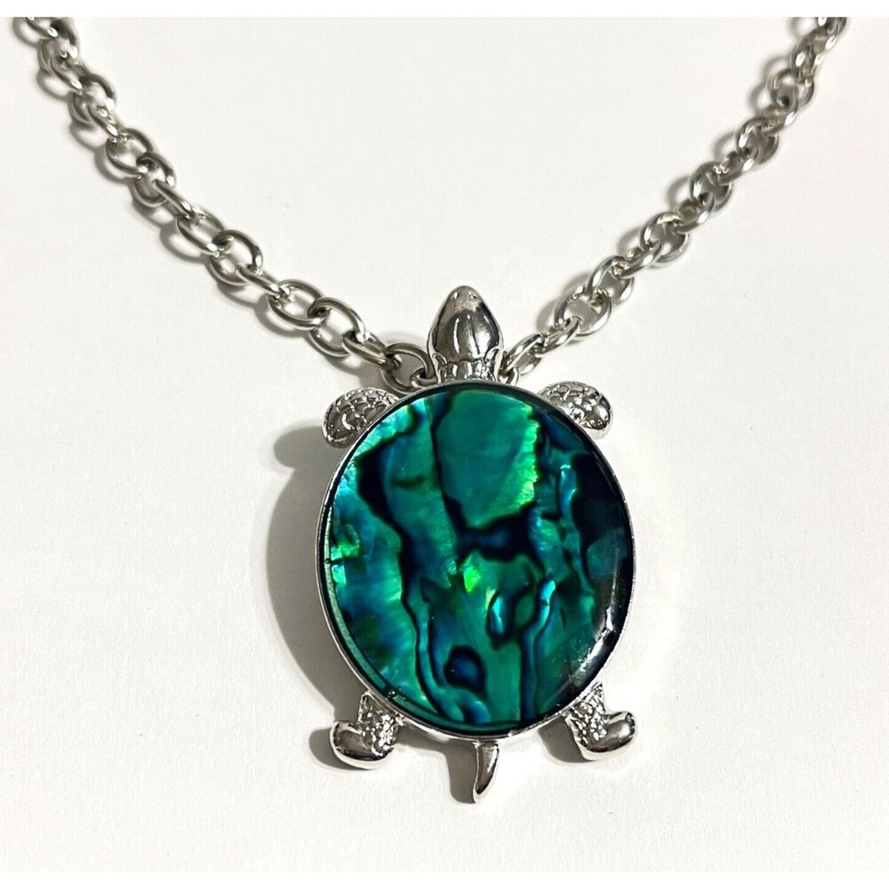 Abalone Turtle Pendant Necklace Silver Tone Chain Mother of Pearl Shell 21” MOP